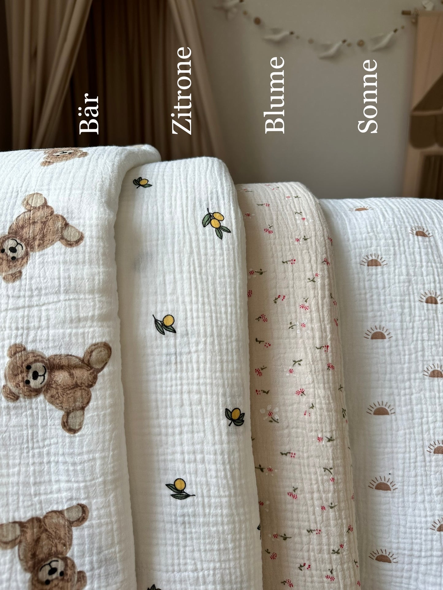 Musselin Bettwäsche 4-lagig mit verschiedenen Prints, mit und ohne Rüschen