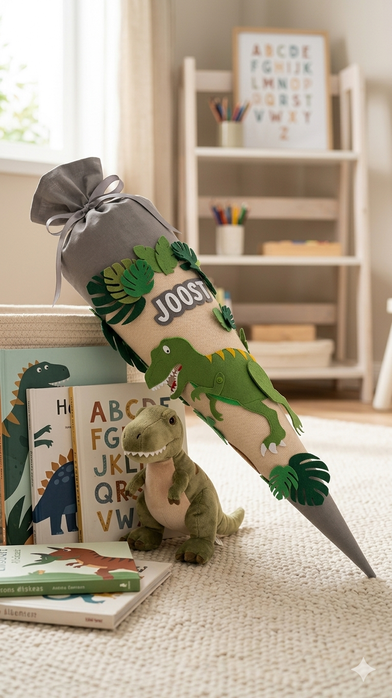 Schultüte personalisiert – Dino T-Rex | Handgefertigt aus Stoff & Filz | Einschulung 2026