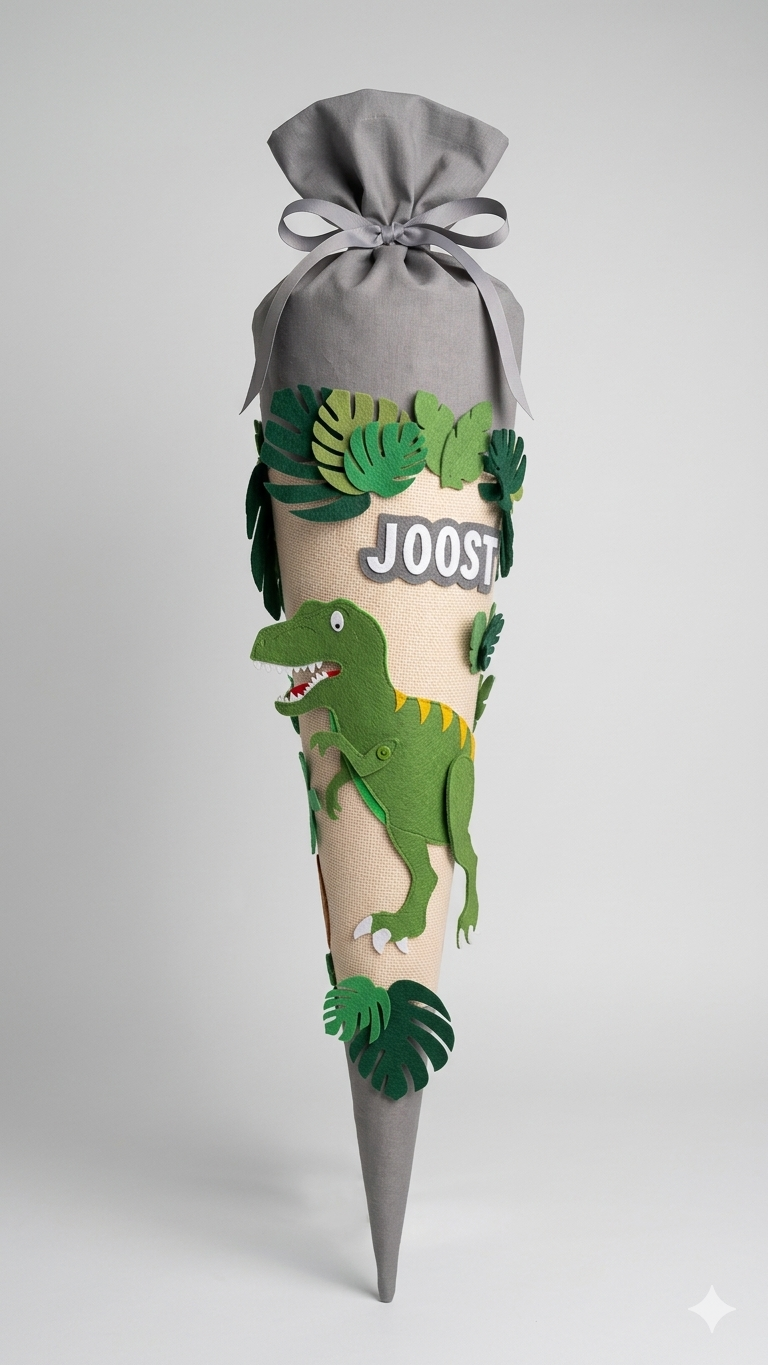 Schultüte personalisiert – Dino T-Rex | Handgefertigt aus Stoff & Filz | Einschulung 2026