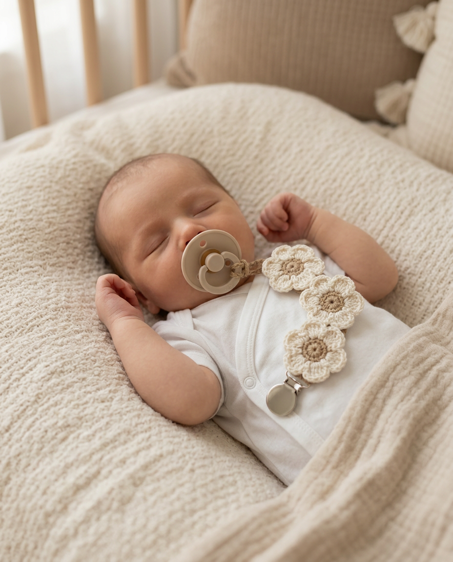 Schlafendes Baby mit Blumen-Schnullerkette