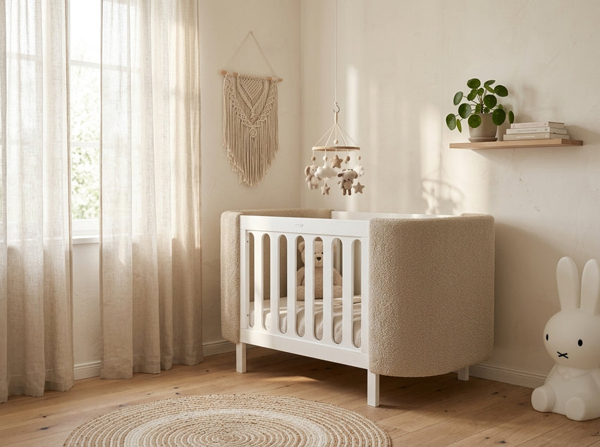 Kinderbett Transformer Buckle in skandinavischem Boho Kinderzimmer – Beige Töne, Betthimmel, Mobile